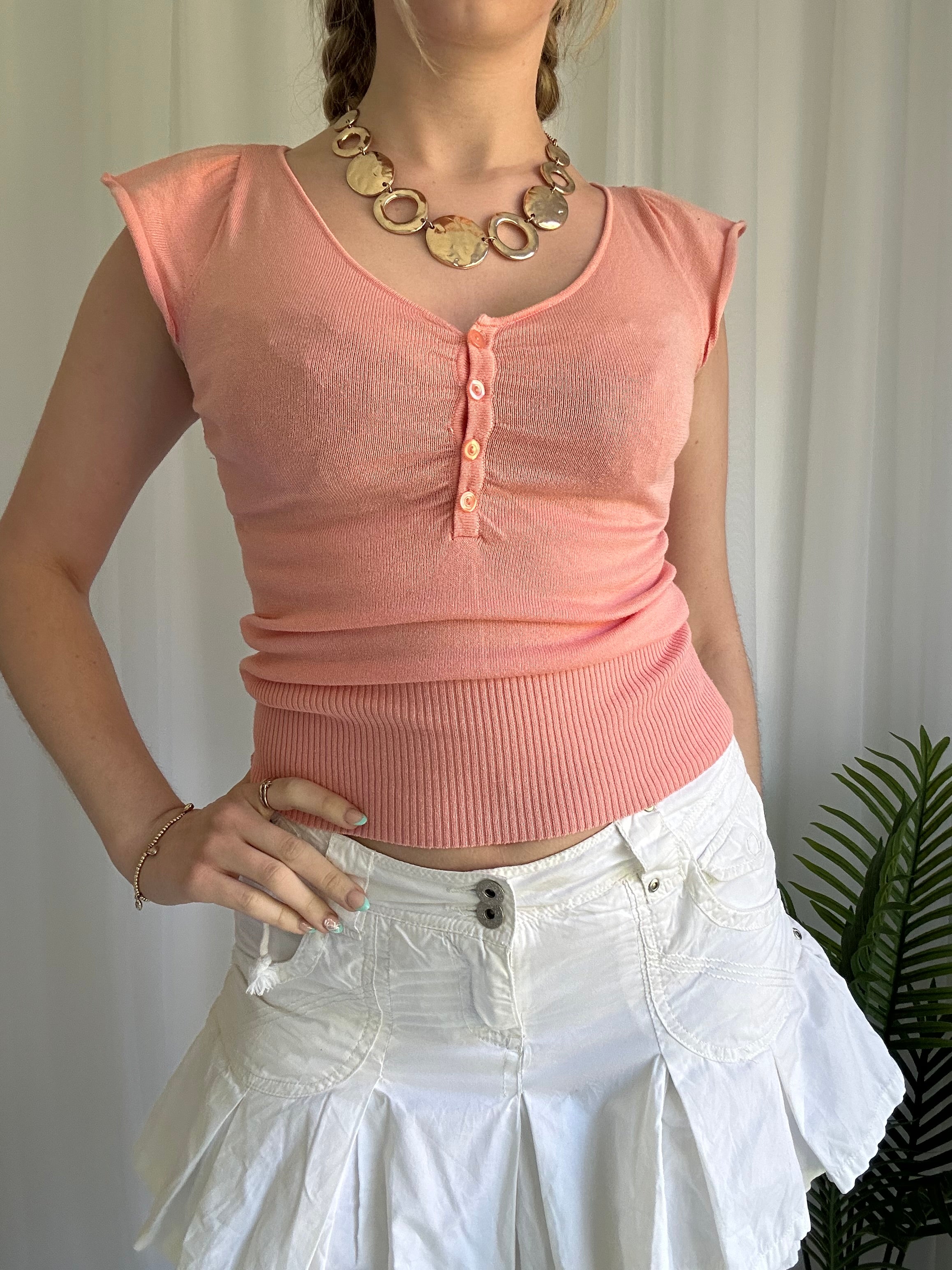 Coral knitted button up top