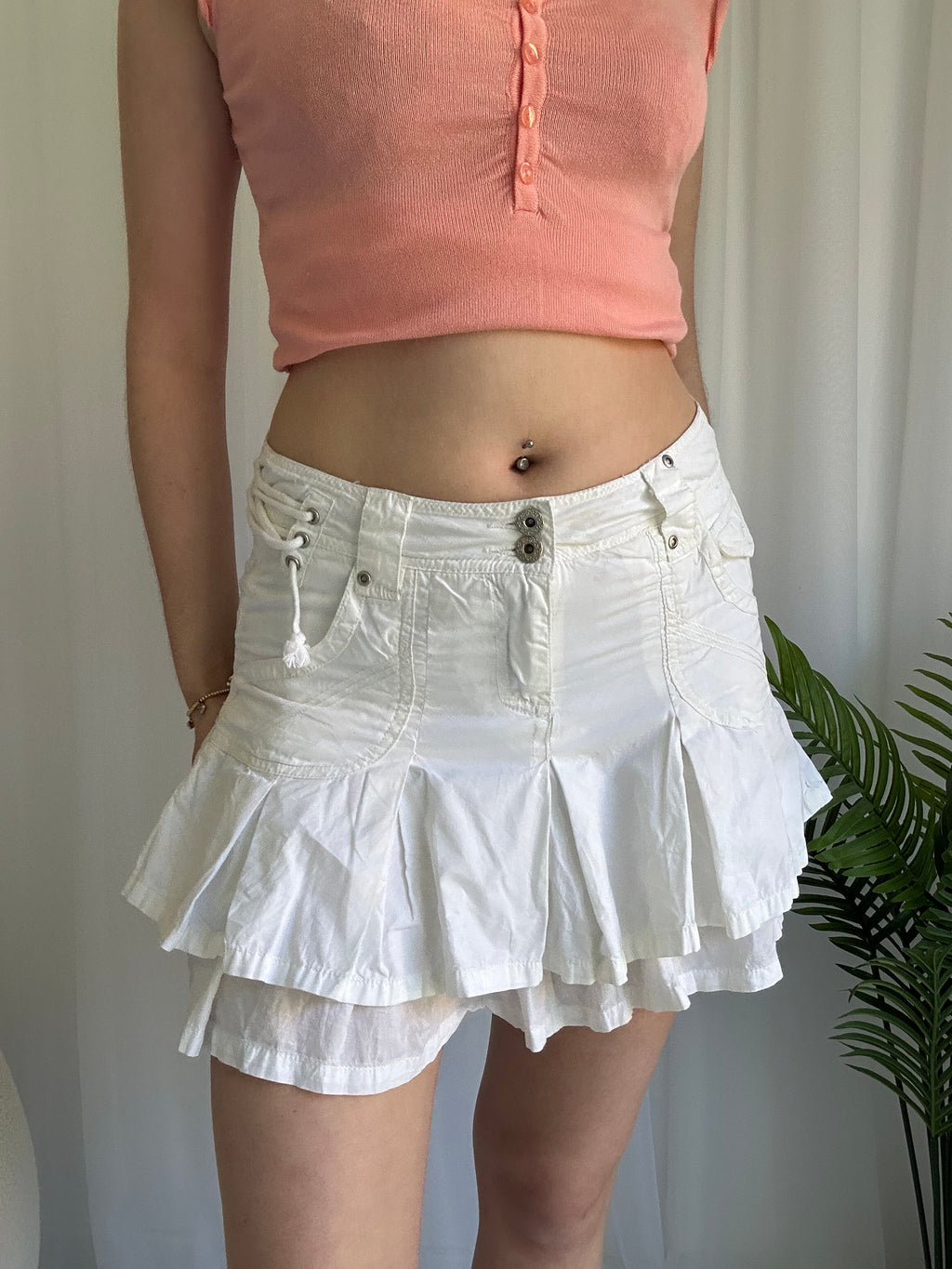 White ruffle cargo mini skirt