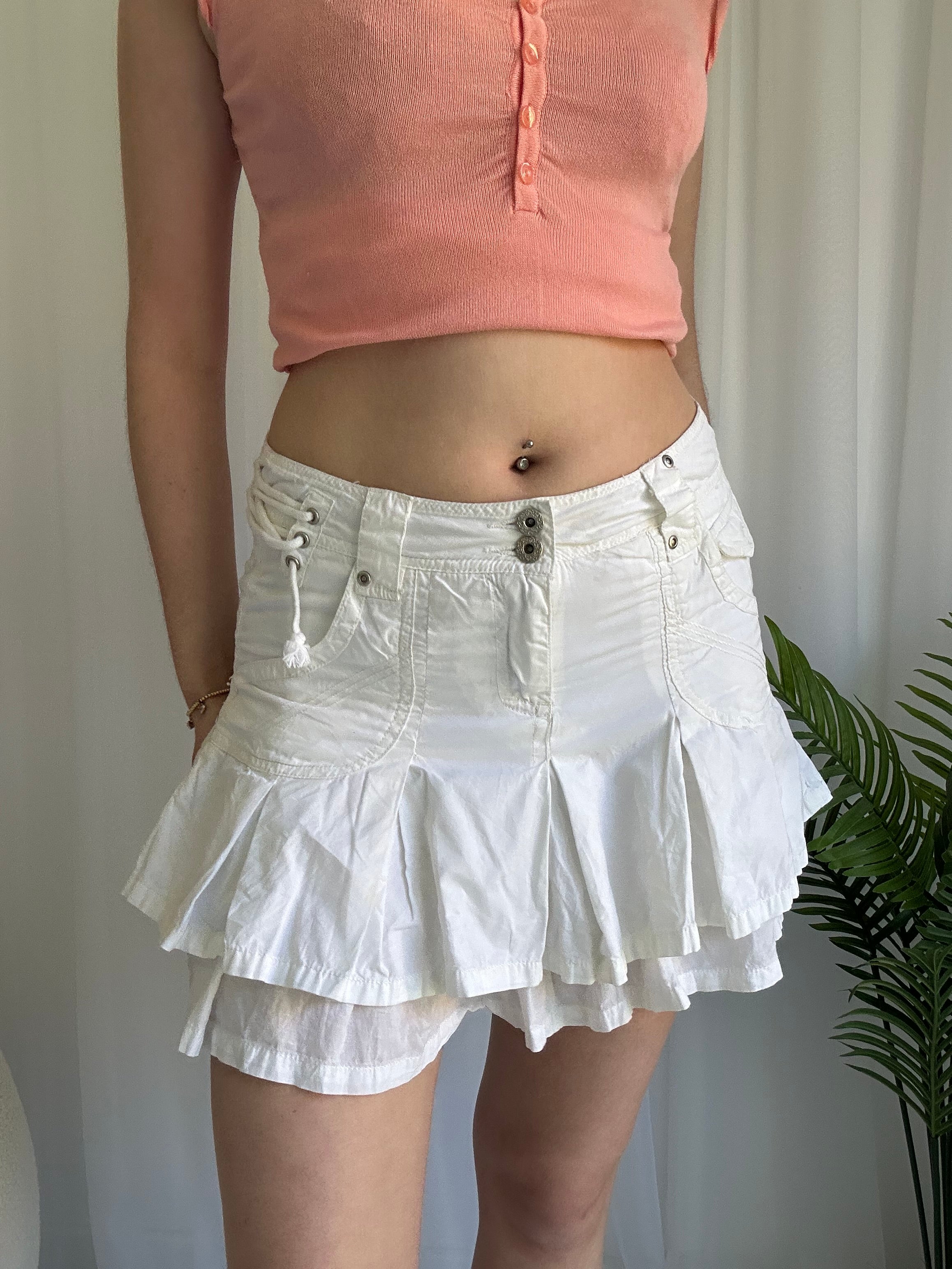 White ruffle cargo mini skirt