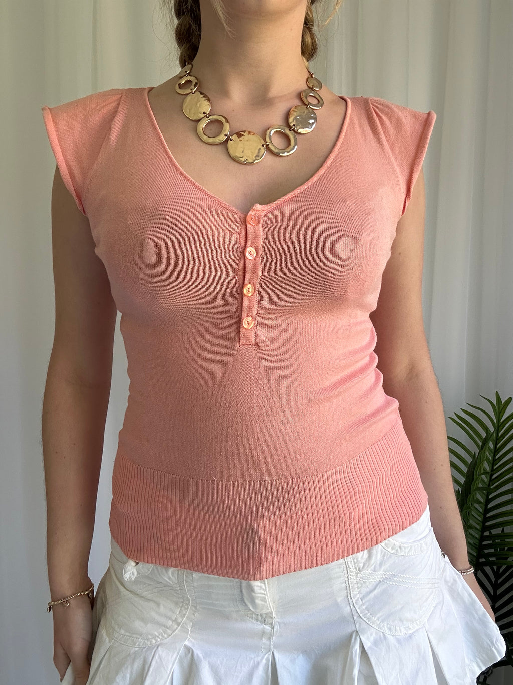 Coral knitted button up top