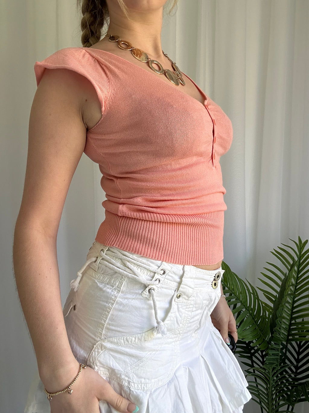 Coral knitted button up top