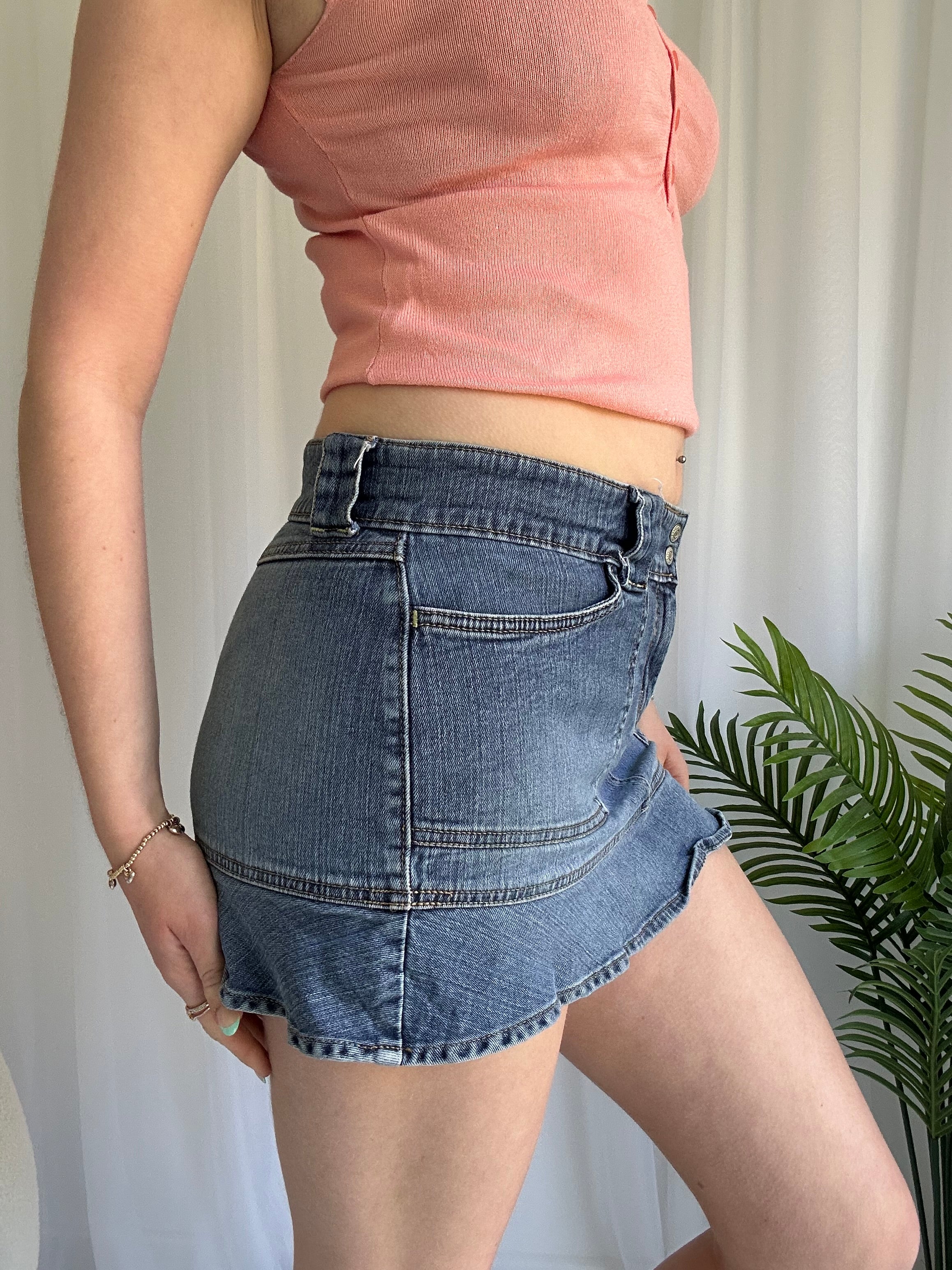 Blue denim ruffle mini skirt