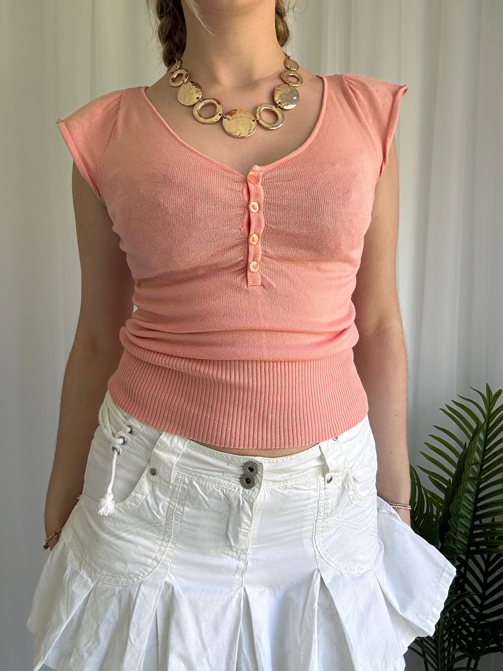 Coral knitted button up top