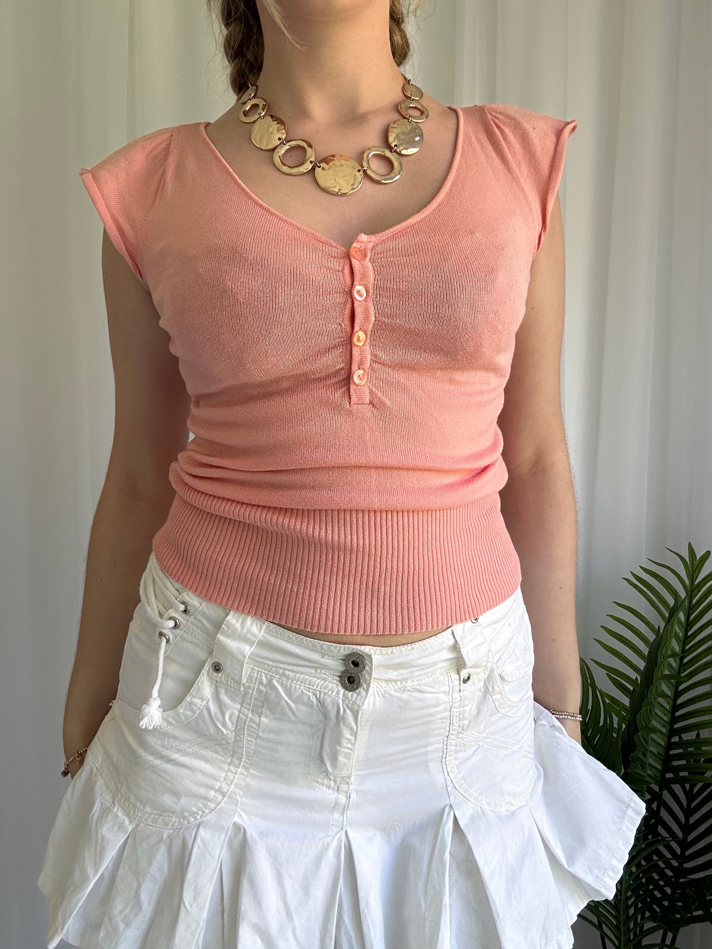 Coral knitted button up top