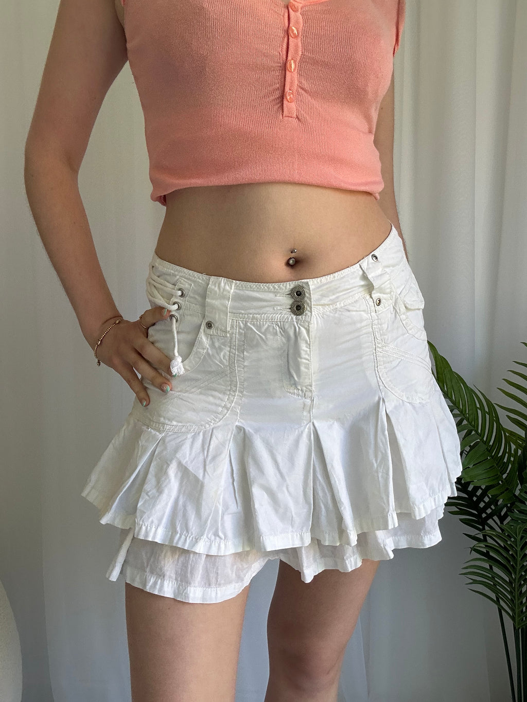 White ruffle cargo mini skirt