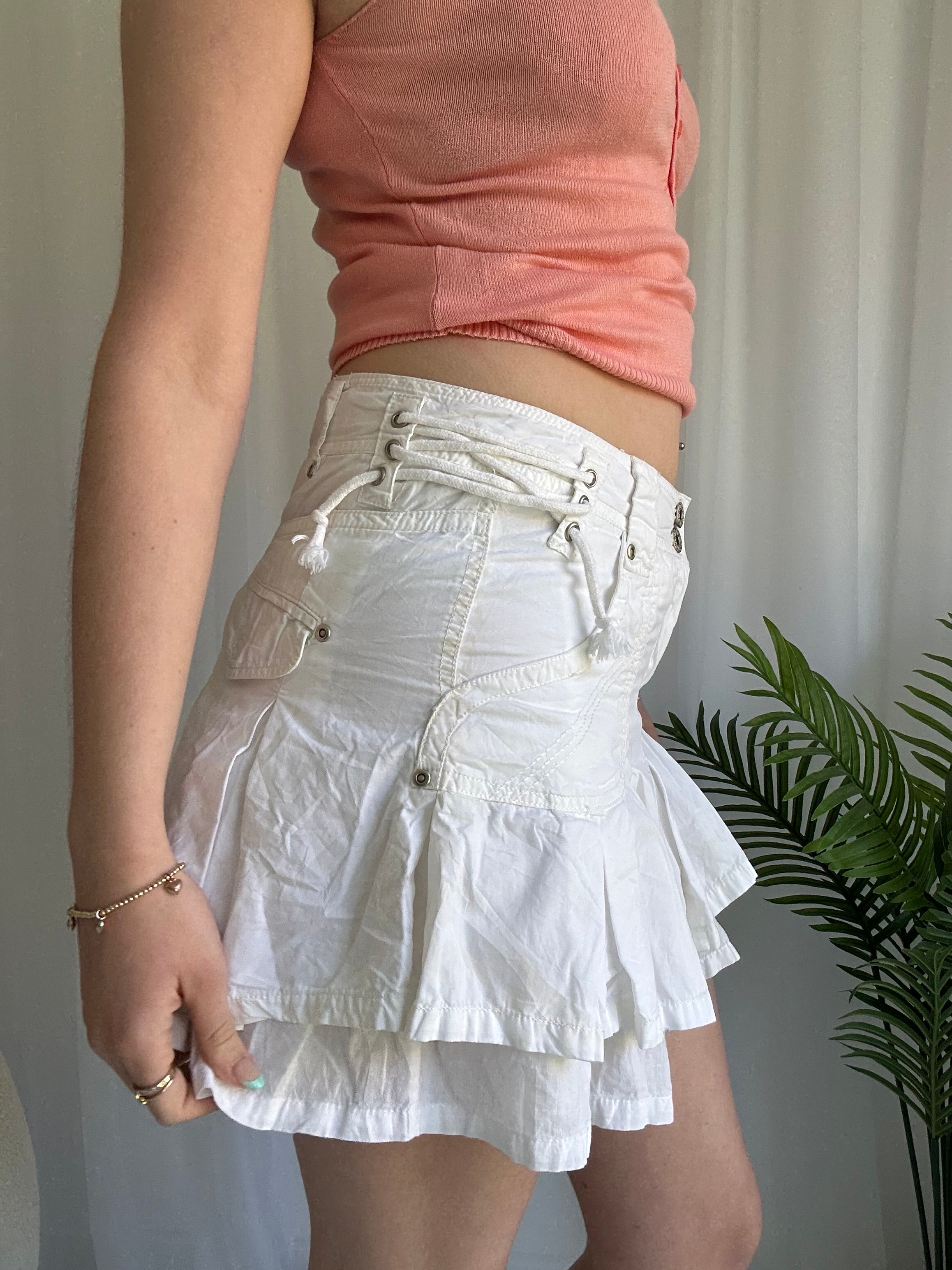 White ruffle cargo mini skirt