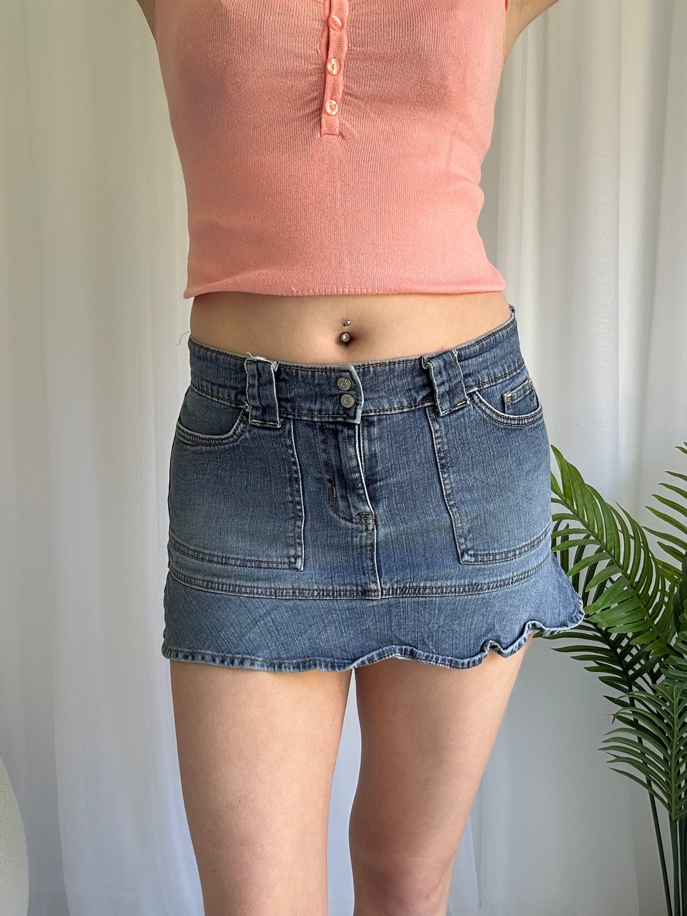 Blue denim ruffle mini skirt