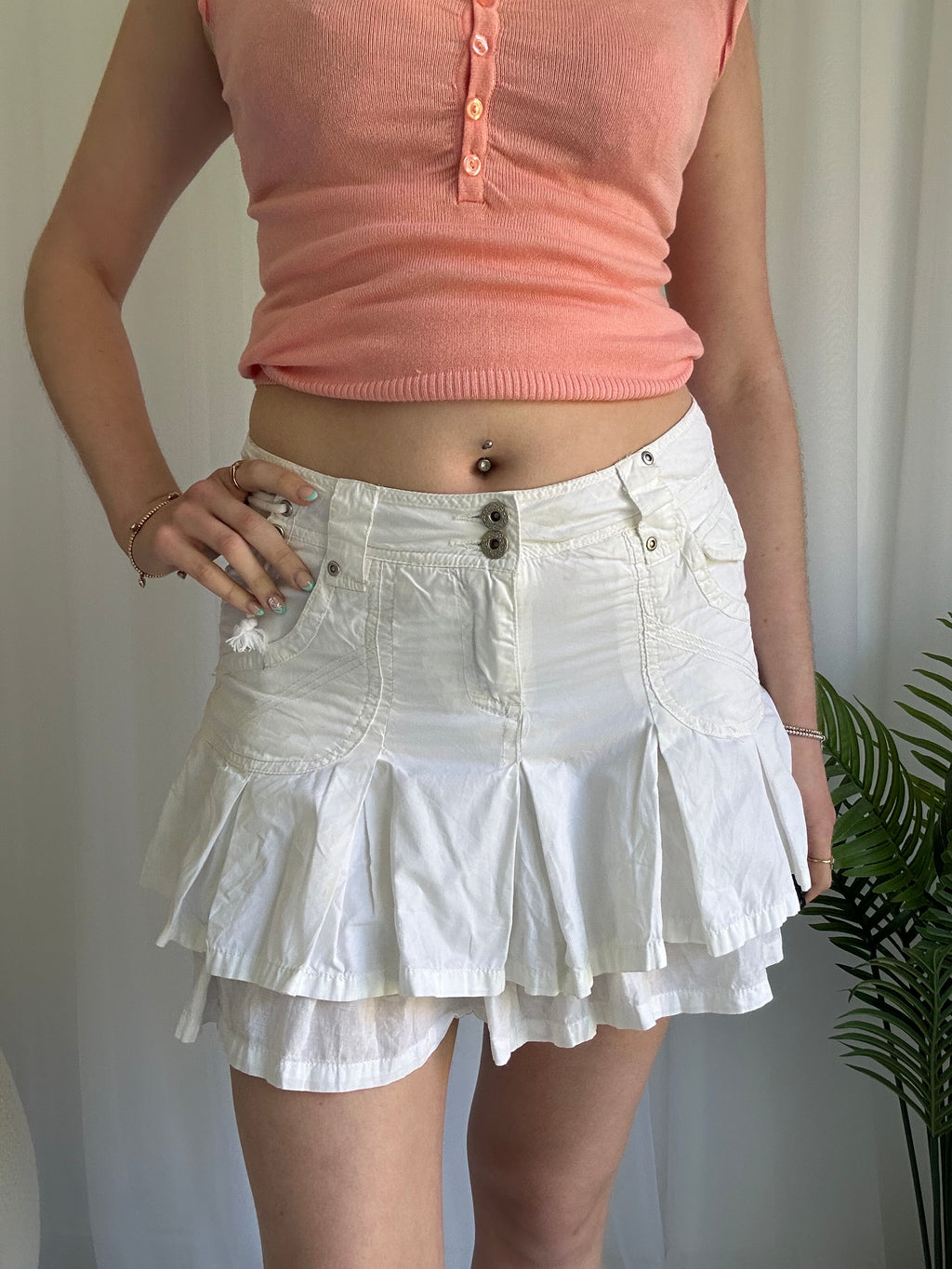 White ruffle cargo mini skirt