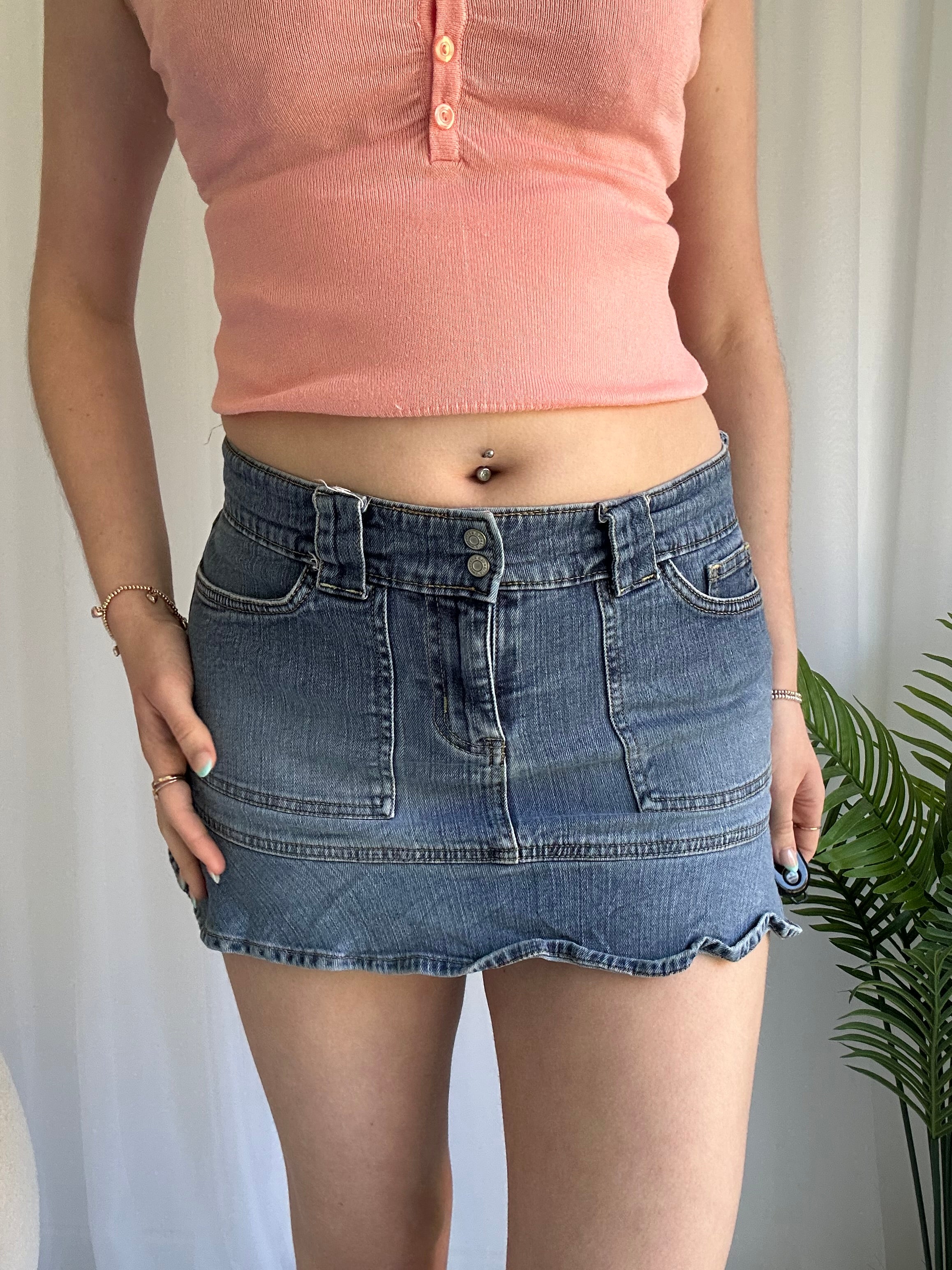Blue denim ruffle mini skirt