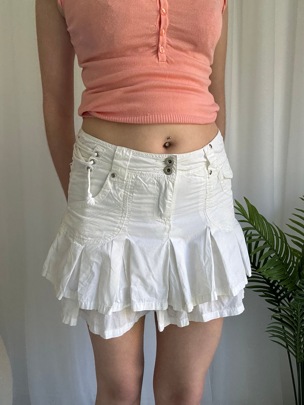 White ruffle cargo mini skirt
