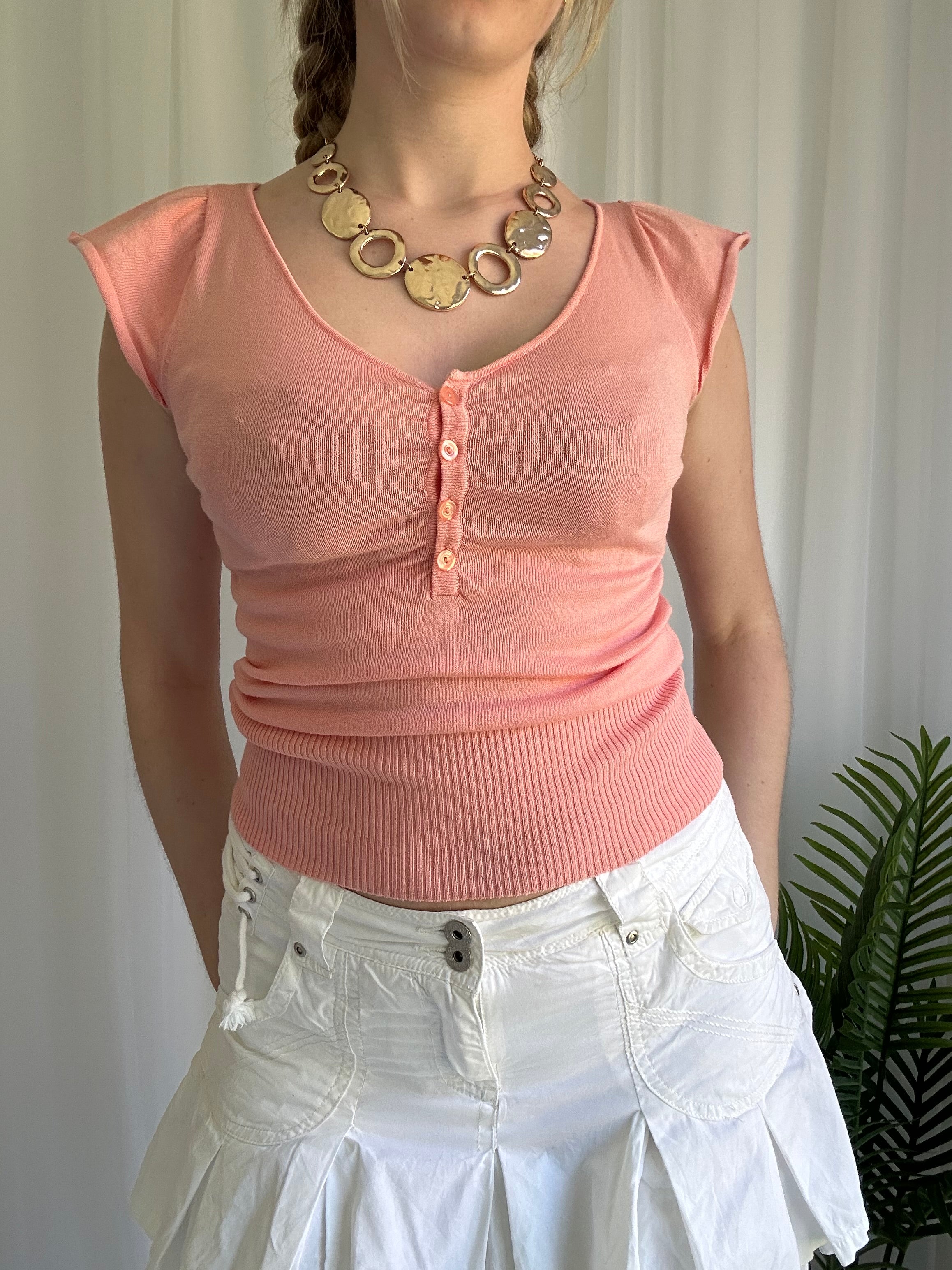 Coral knitted button up top