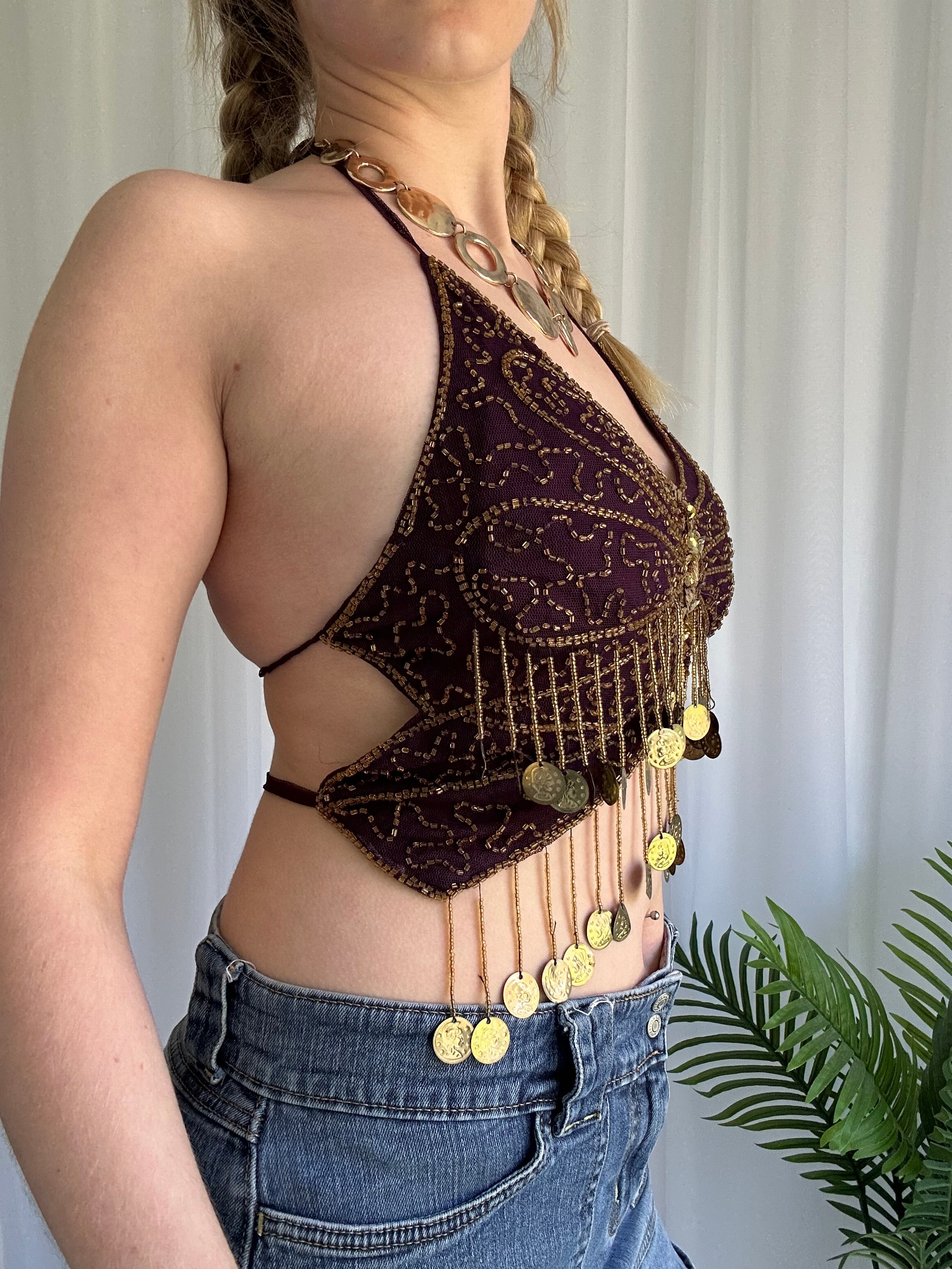 Butterfly beaded halter top