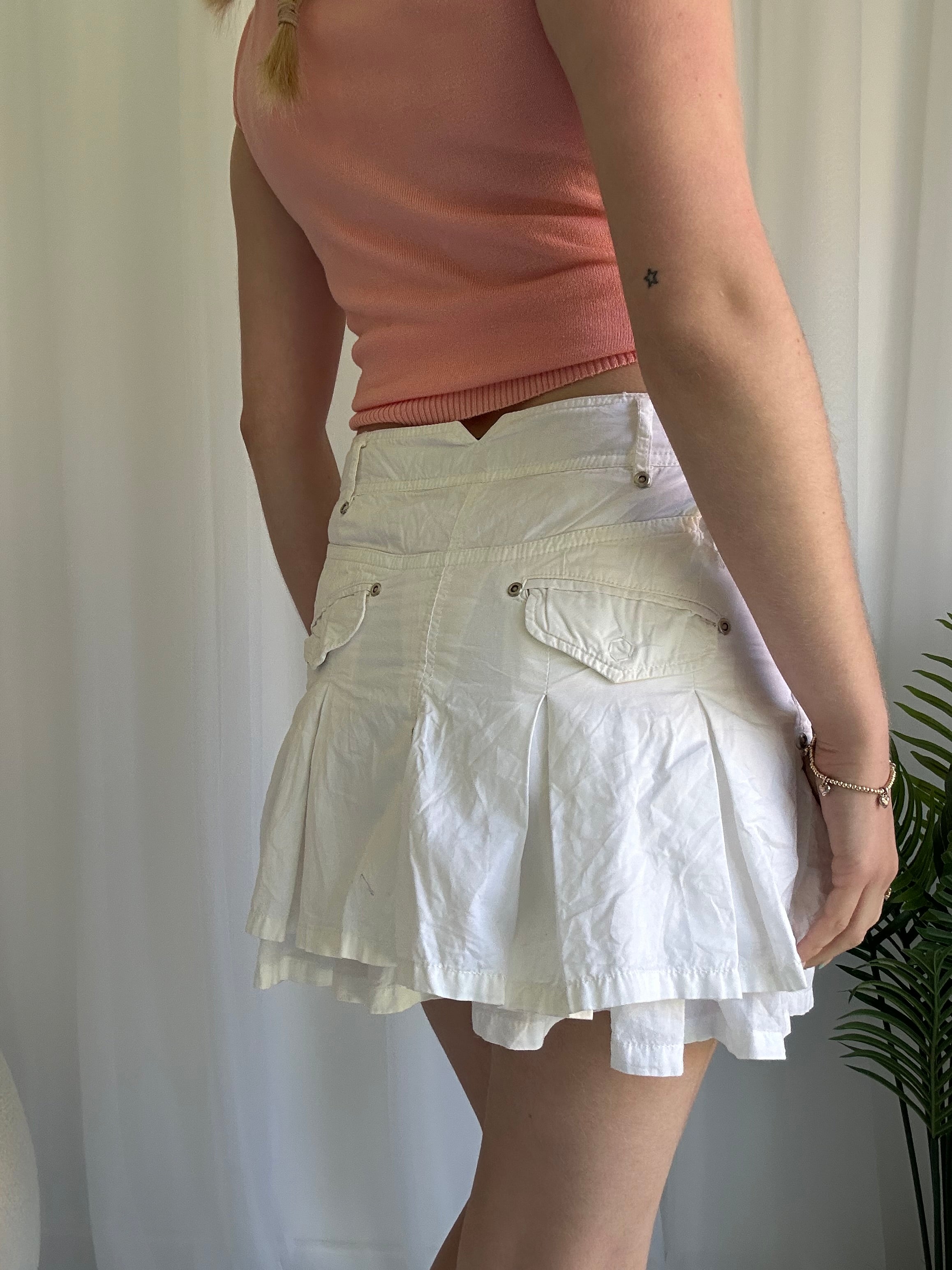 White ruffle cargo mini skirt