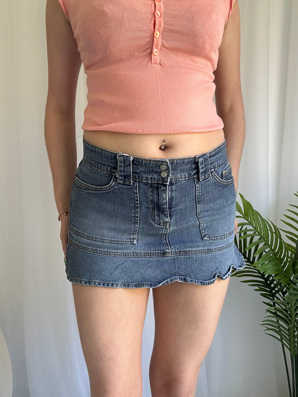 Blue denim ruffle mini skirt