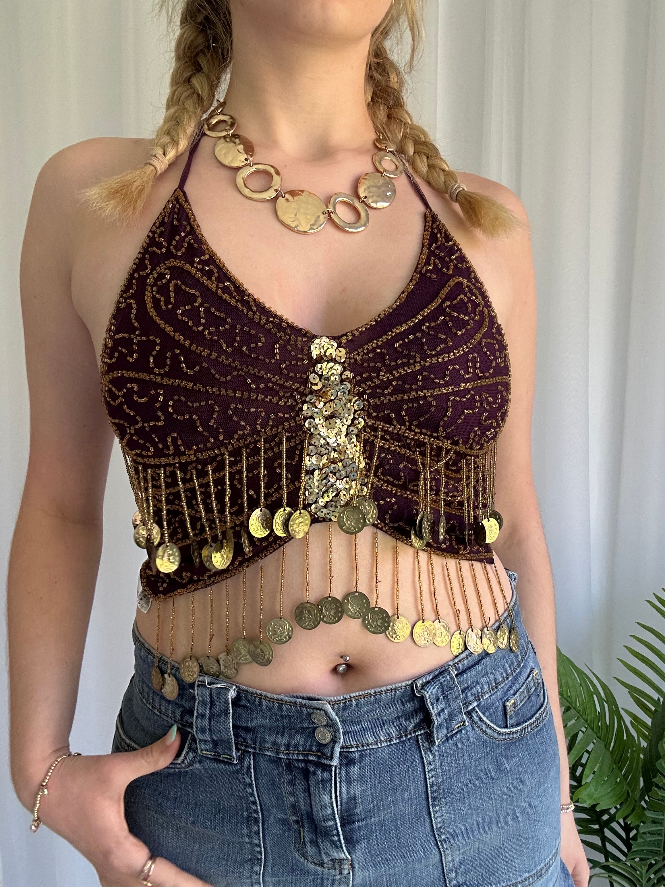 Butterfly beaded halter top