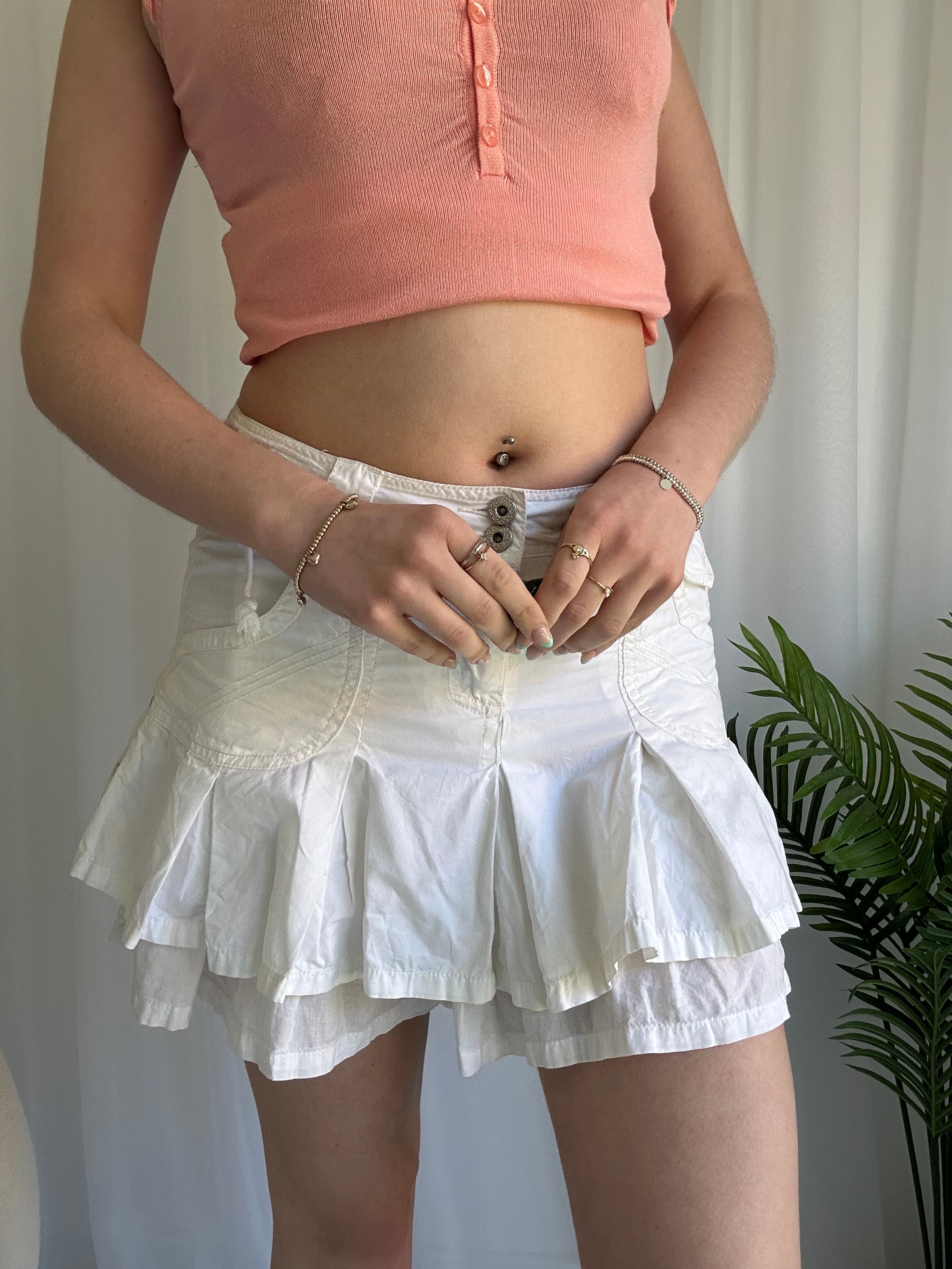 White ruffle cargo mini skirt