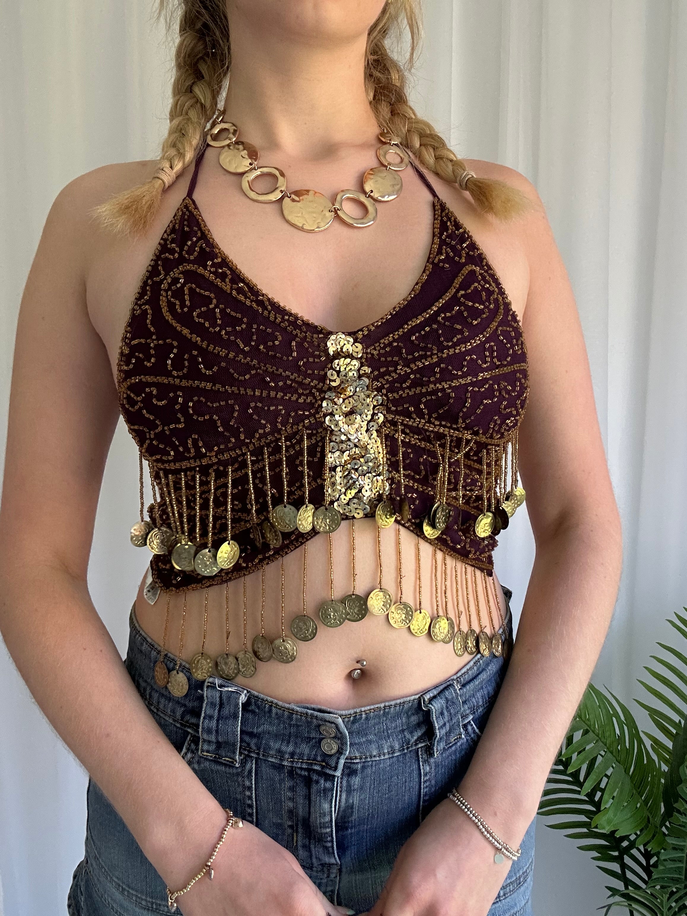 Butterfly beaded halter top