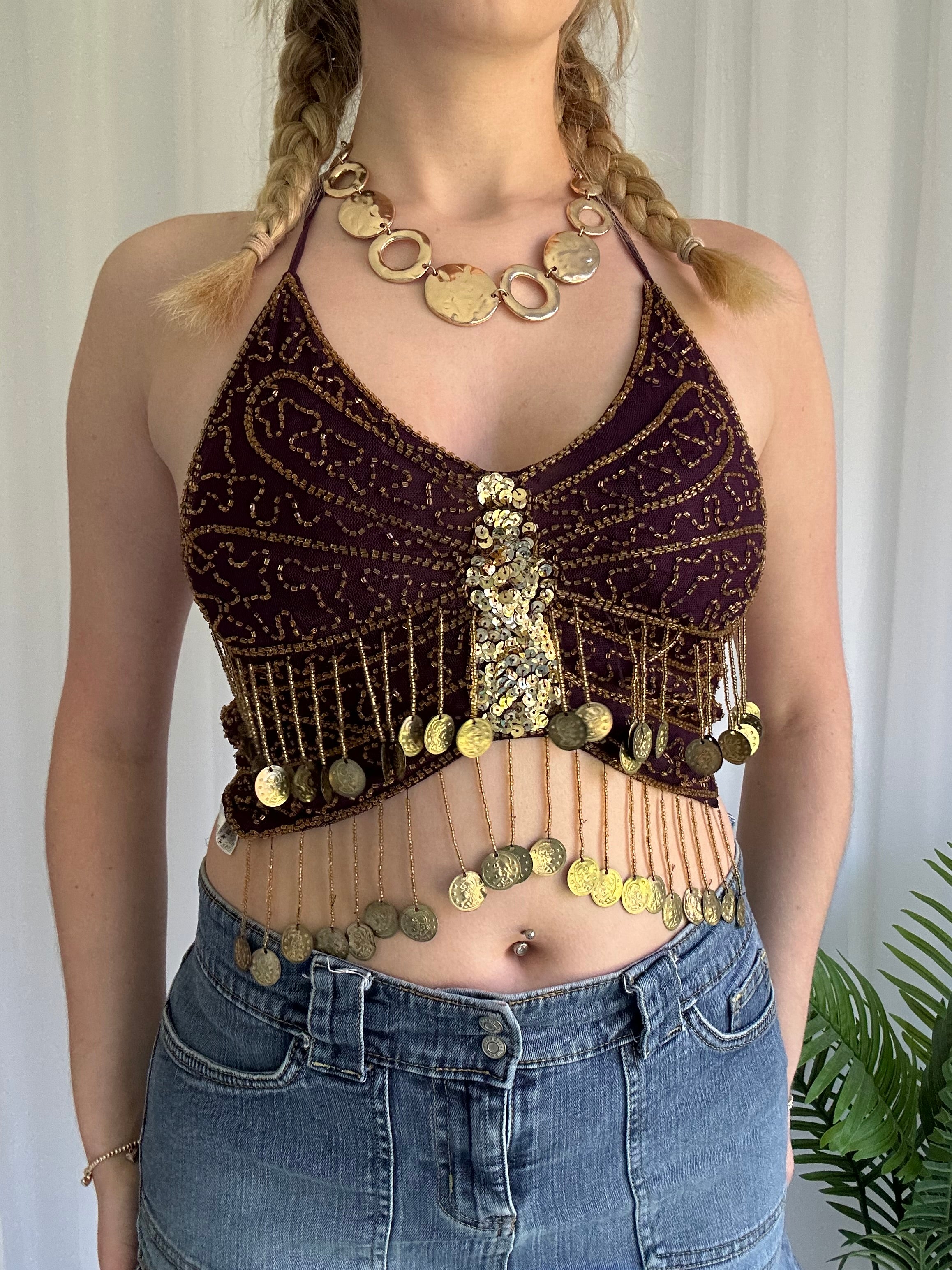 Butterfly beaded halter top